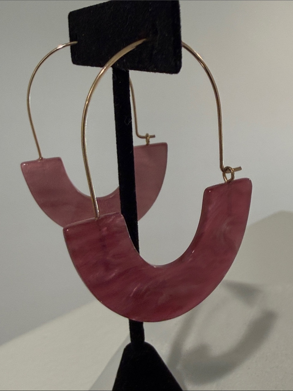 Gold Hoop Earrings with Pink Marbled Resin Arches